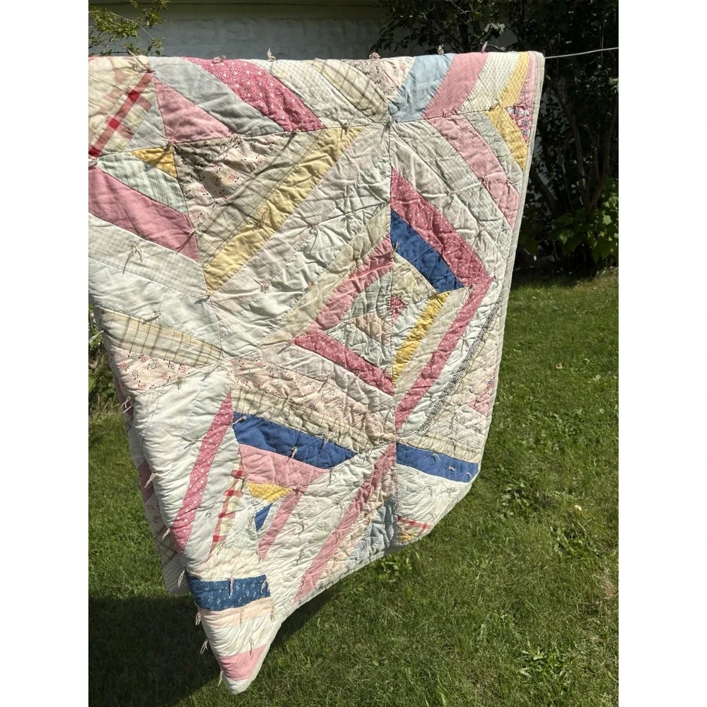 Antique Handmade Quilt Pastel Thick Heavy Wool Lined Cottagecore Granny 71